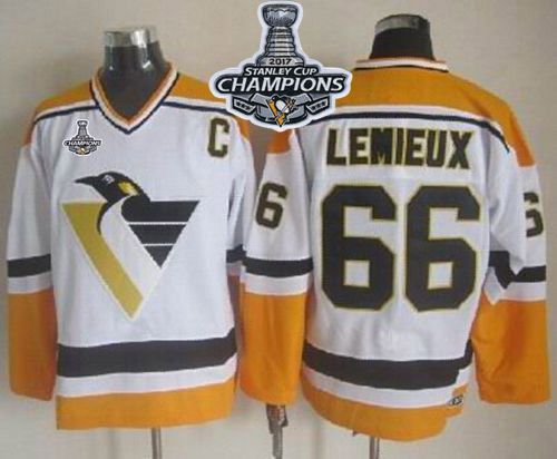 Penguins #66 Mario Lemieux White/Yellow CCM Throwback Stanley Cup Finals Champions Stitched NHL Jersey - Click Image to Close